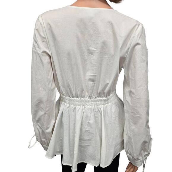 VENUS Top Blouse Women 6 White Open Long Sleeves Lace-up V-neck Belt Buckle - Picture 10 of 14